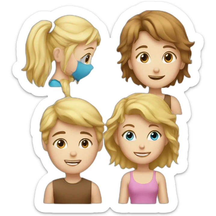 blond-hair-boy-and-girl-with-dog girl with blue eyes and boy with brown  sticker