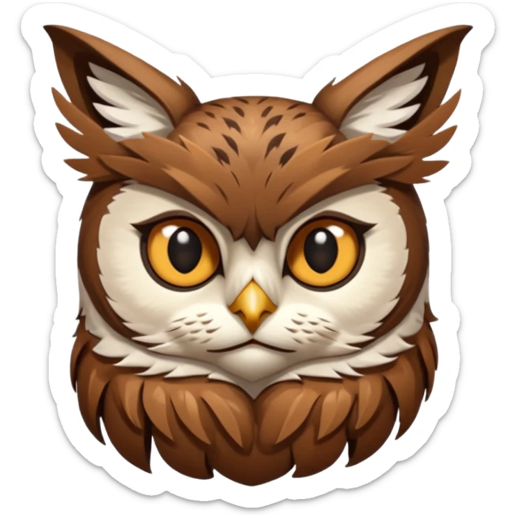 An cats head with a brown on top of the head of the cat the cats head infused with an white owls fulls body with brown wings sticker
