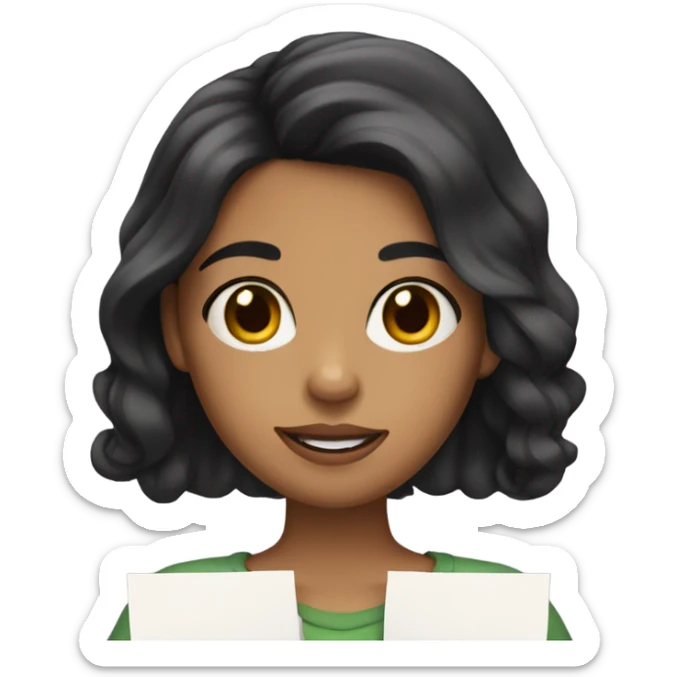 girl with black wavy hair and lightly tan skin holding papers sticker