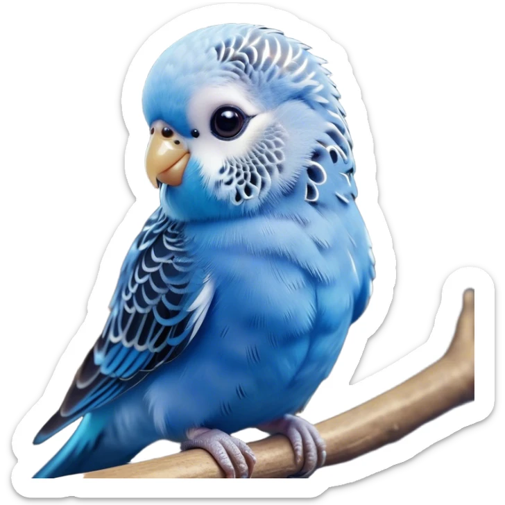 Cinematic Cute Blue Budgie Portrait Emoji, Head tilted playfully and inquisitively, featuring a brilliant blue feathered fur with a natural sheen, round, sparkling dark eyes filled with curiosity, Simplified yet irresistibly adorable features, highly detailed, glowing with a warm, friendly glow, high shine, affectionate and lively, stylized with a touch of whimsy, bright and endearing, soft glowing outline, capturing the essence of a mischievous yet loving budgie, so playful it feels like it could chirp out of the screen and into your arms! sticker