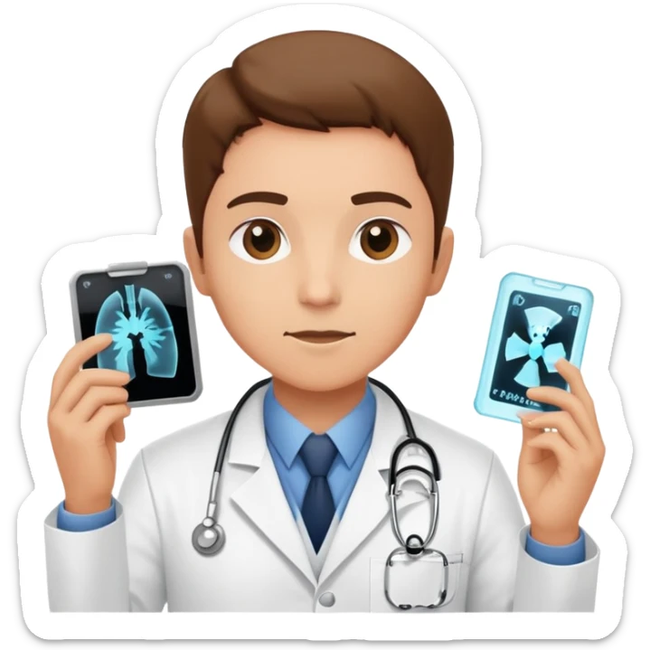 A medical professional in a white lab coat examining an X-ray film, wearing a radiation badge sticker