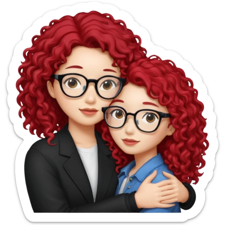 une star de Kpop asiatique avec les cheveux noir  qui fait un câlin a une fille qui a des lunette et des cheveux rouge et bouclé  sticker