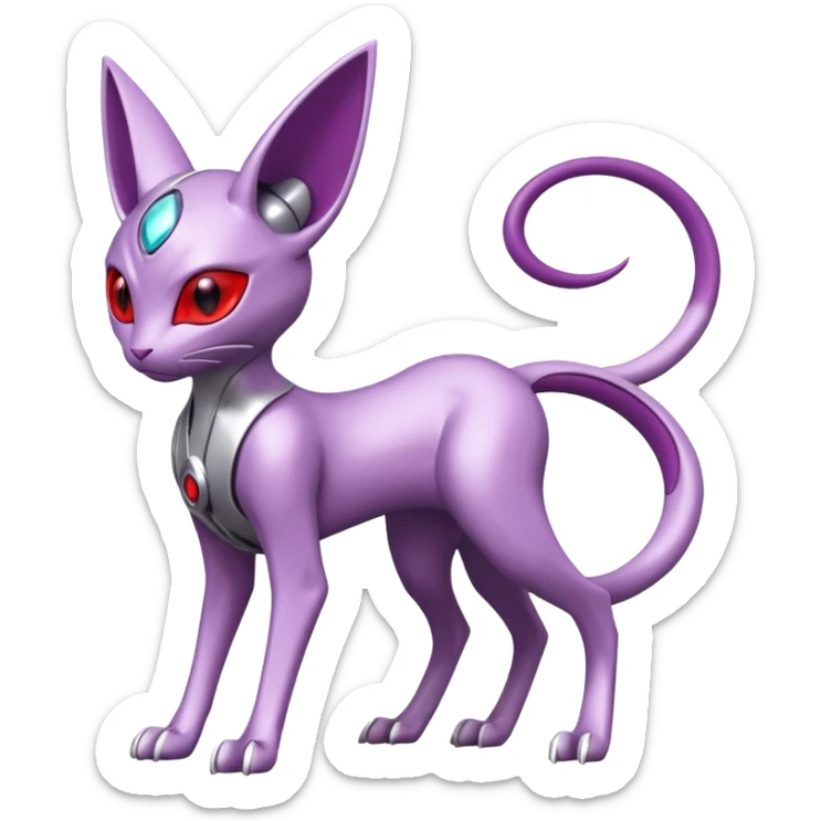 Mechanical Miraidon-Espeon-Mewtwo-Fakémon-hybrid-creature (full body)  with red eyes and intricate markings sticker
