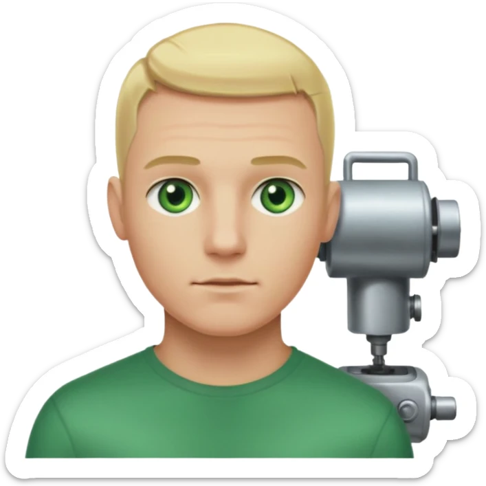 Male, no glasses, blonde hair, right side of hair shaved with a machine, face turned towards the camera sticker