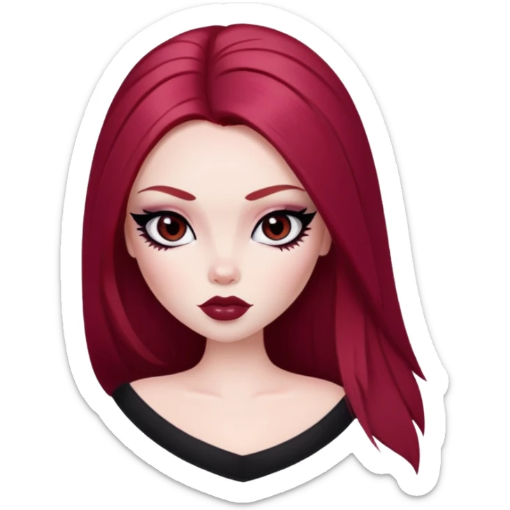straight long wine red hair, pale skin, dark black eyes, pretty bratz baddie, black eyeliner, blush sticker