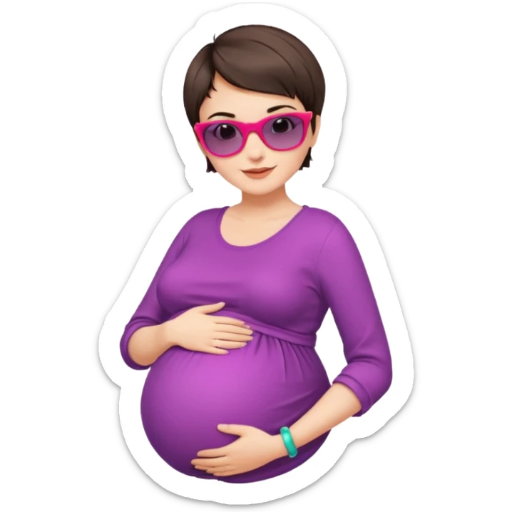 pregnant stylish woman with short pixie brunette hair happily touching her big belly while wearing fashionable clothes and colorful shades sticker