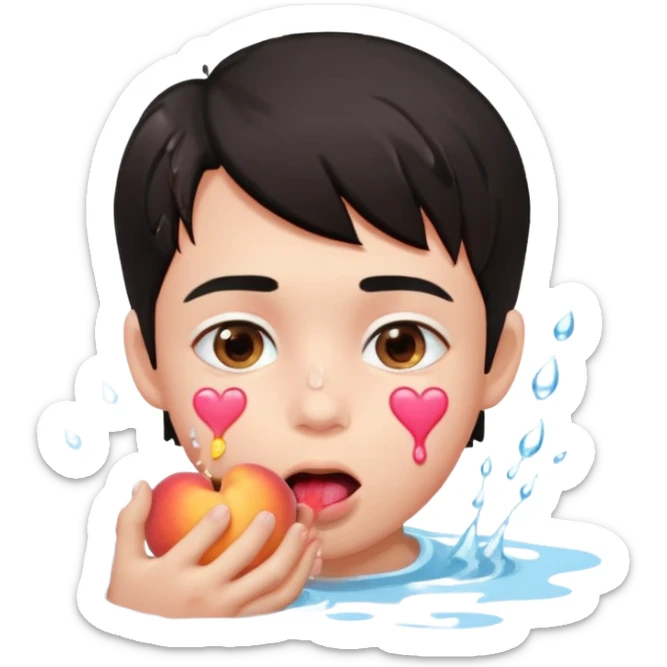 Cute boy, light pink eyes, grown out dark hair, eating a peach, pink hearts floating , water dripping from mouth sticker
