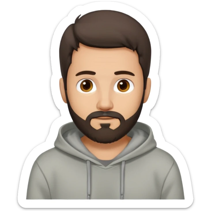 Uomo adulto con la barba capello moro occhi marroni metà busto e vestito con una felpa grigia e maglietta bianca sticker