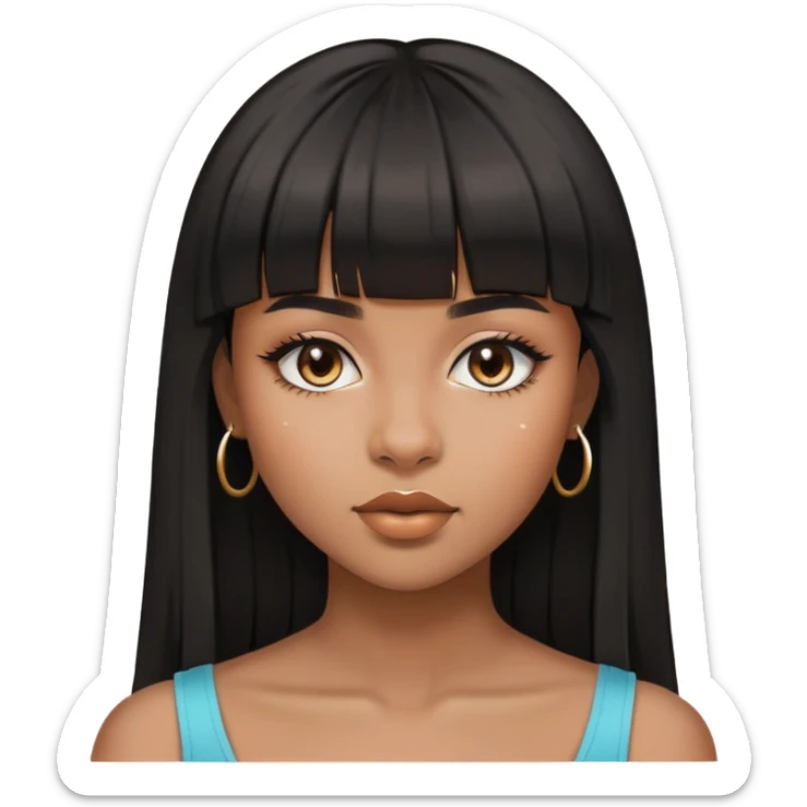 brownskin girl, beautiful girl, black straight hair with bangs above eyebrowns, nose piercing sticker