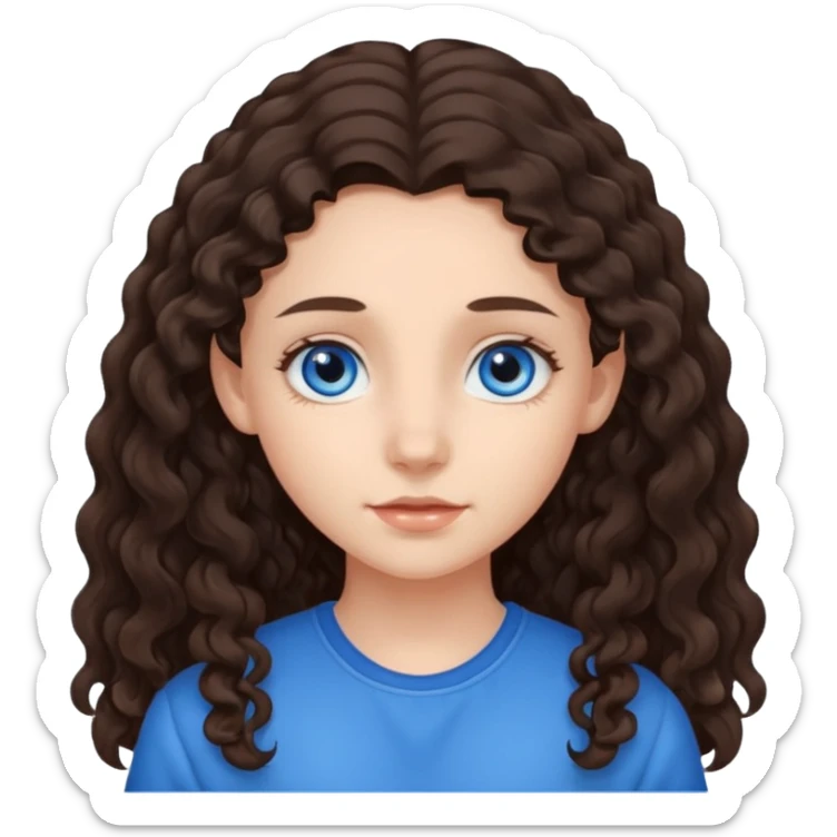 a girl with long dark brown slightly curly hair that starts at the level of her ears, and blue eyes sticker