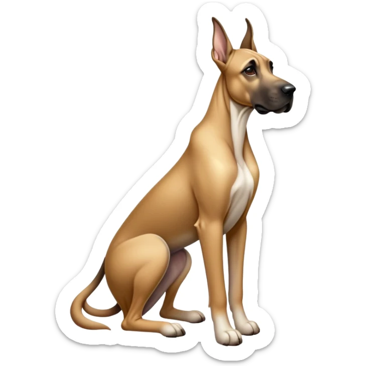 cinematic-[fawn great dane]-realistic-full-body-sitting-emoji,-tail-resting-loosely-beside-its-paws,-head-tilted-dramatically, ears down-sleek-[fawn]-fur,-simplified-yet-realistic-focused-features,-highly-detailed,-glowing-with-an-almost-sarcastic-glow sticker