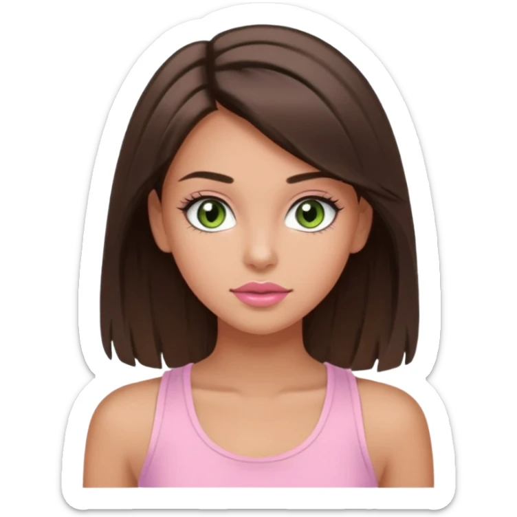 Create a teen girl wearing a light pink tank top. She will have brunette hair, tan skin, pink lips, and grey-green eyes. She has long eyelashes. sticker