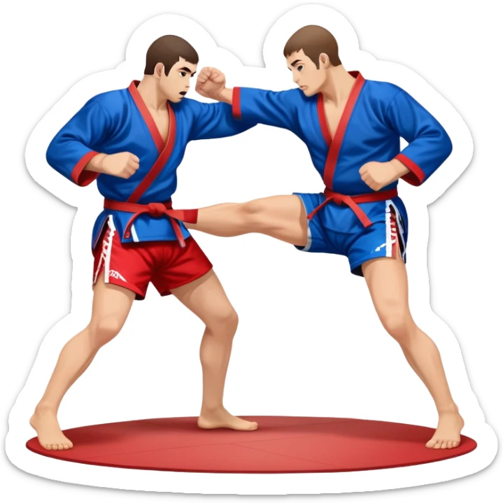 Two Sambo fighters in blue and red kimonos, with shorts and wrestling shoes, performing grappling and throwing techniques. The background shows a wrestling mat and an intense, focused atmosphere. Transparent background highlights the fluidity and skill of the sport without strikes. sticker