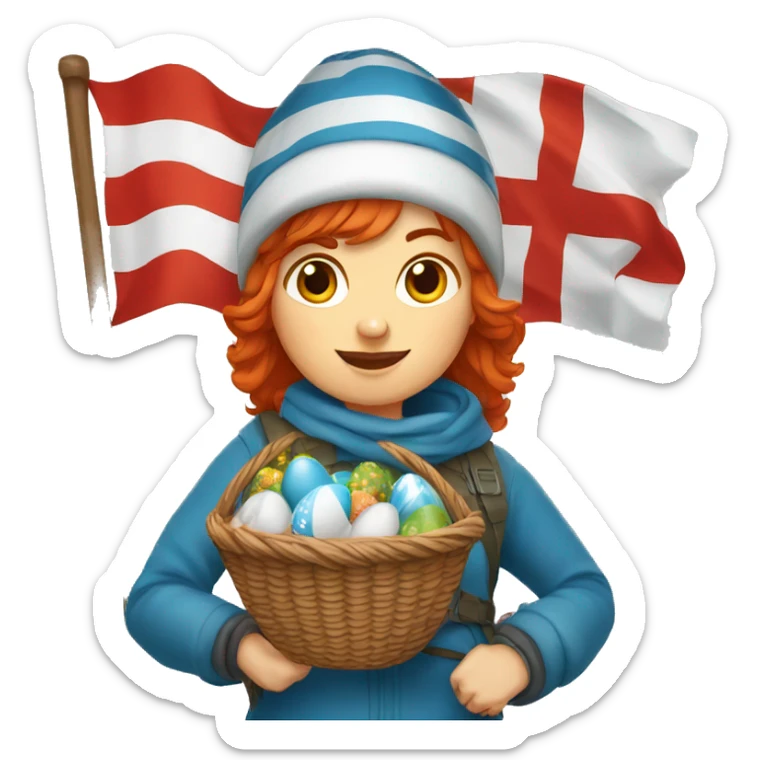 red hair female winter mountaineer offering red Easter basket and Greek flag sticker