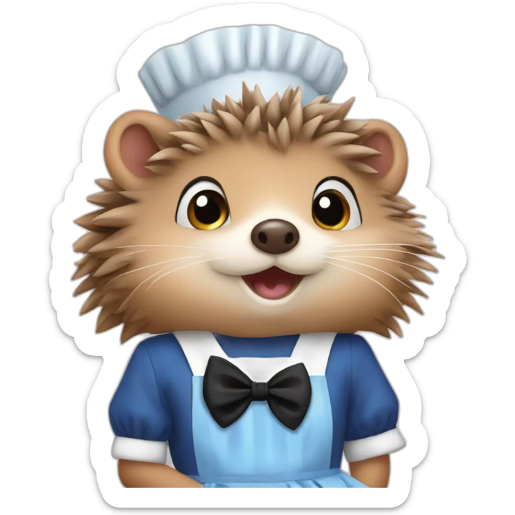 Hedgehog wearing a blue maid dress with a black bow and apron sticker