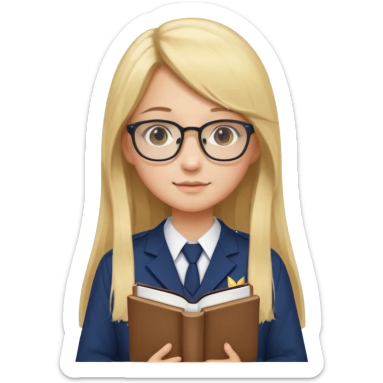 Girl student wearing uniform, glasses, hold book in front of their chest, blonde long straight hair, white skin sticker