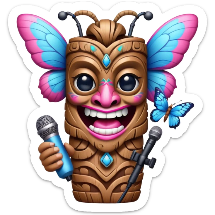 Pixar style little Cartoon Blue and pink tiki singing with butterfly and in the microphone, ultra detailed and lifelike imagery sticker