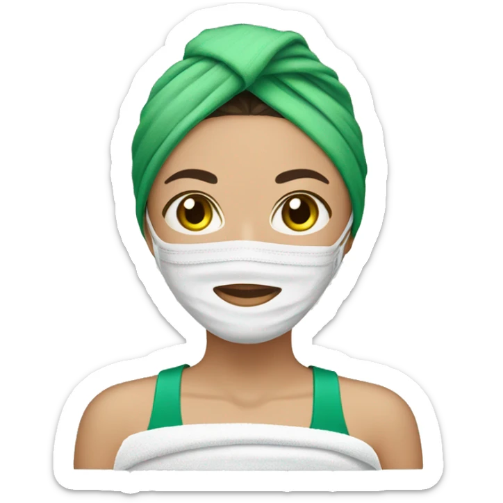 Woman with dark hair wearing spa head towel and green face mask sticker