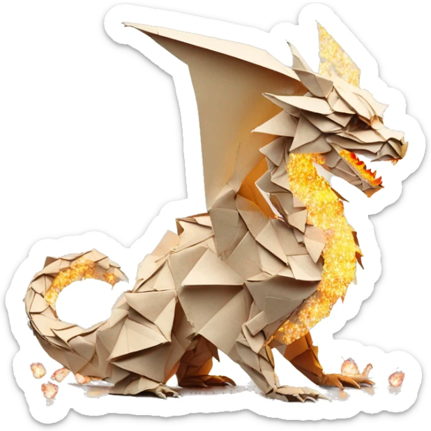 Beige Origami dragon made of newspapers on fire surrounded by fairy lights swirls covered in dried flowers bokeh library bunting floral flowers fire flames sticker