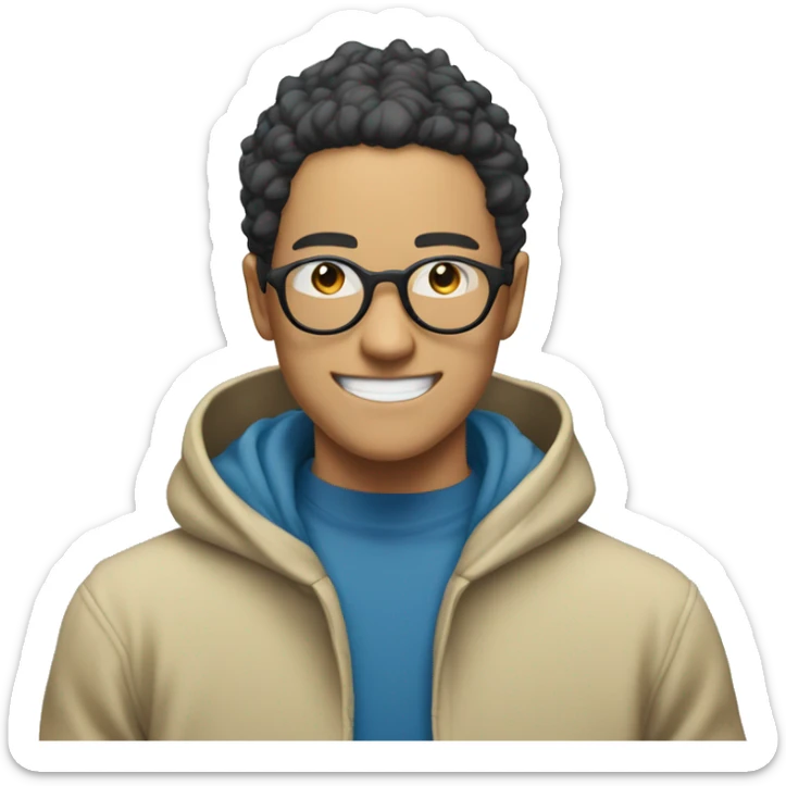 saitama in his 20s smiling wearing glasses and blue hoodie sticker