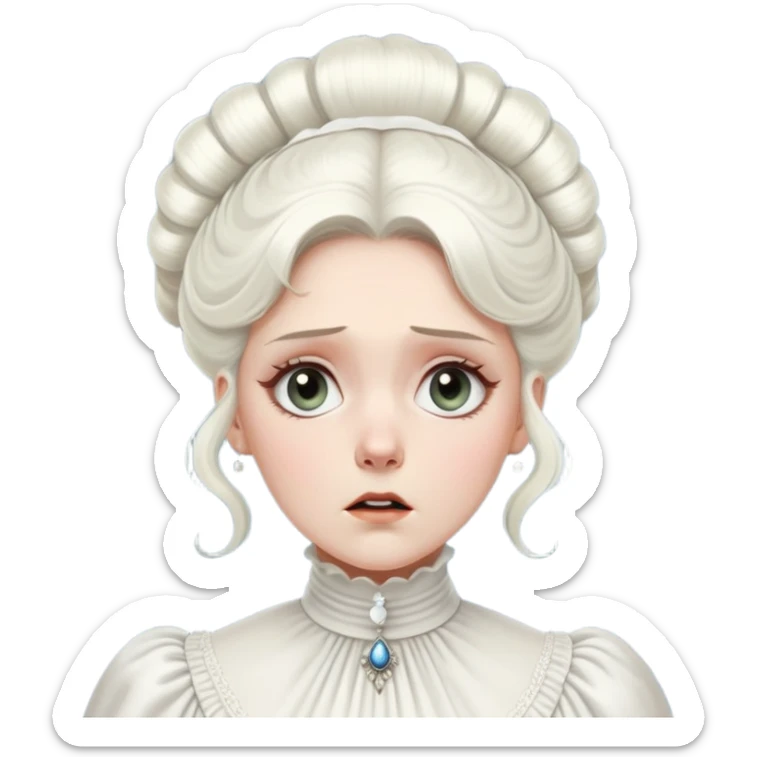 Awestruck Victorian-era white woman with white coiffed hair, light eyes, wearing a simple turtleneck Victorian gown, with a dropped jaw in shock sticker