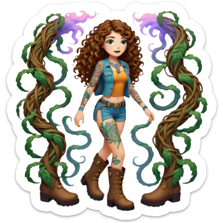 full body view of a woman with long curly brown hair, brown eyes, white skin, tattoos, walking forward through psychedelic fog, glowing vines wrapping around her boots sticker