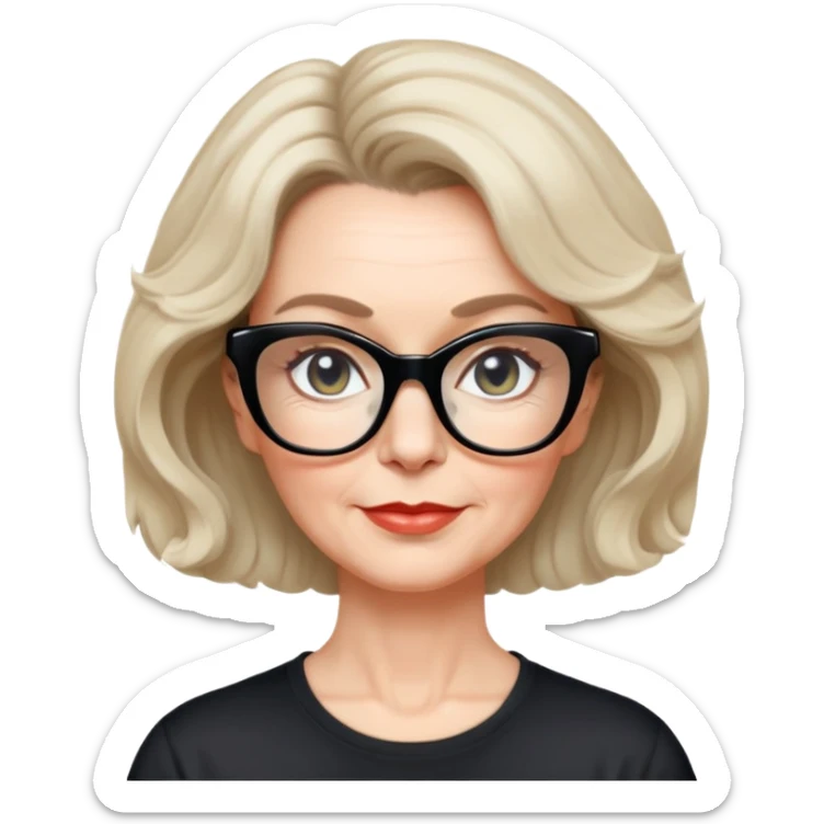 white woman about 50 years old with light warm skin, wide face, wavy black neck-length 80s short hair, low volume, neutral expression, large black shiny butterfly or cat-eye glasses, white casual t-shirt sticker