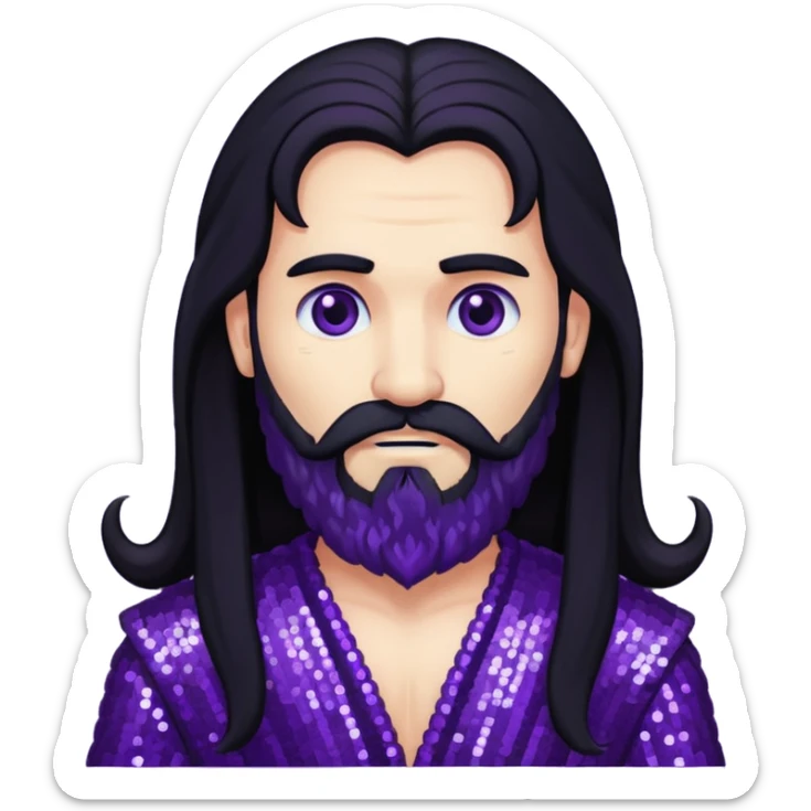 Pluto, God of Death from Gods and Goddesses with long black hair and beard, deep purple sequin outfit sticker