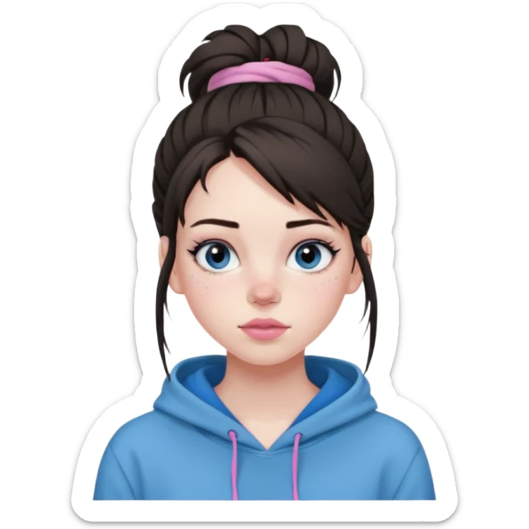 Create a teenage girl with straight brunette hair pulled into a messy bun, pale skin, light freckles, and blue-grey eyes. She will have pink lips and long black eyelashes. She will be wearing a big black hoodie. sticker