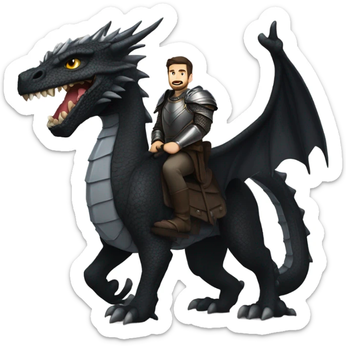 Confident armored White Man with dark brown hair and a short beard riding on the back of a giant armored black dragon sticker