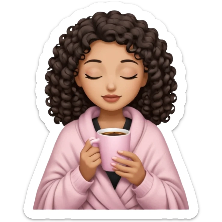 woman with medium tan sand tone, black mid length 3b curls, closed eyes, feminine face, holding soft pink coffee cup with beige blanket over shoulders sticker