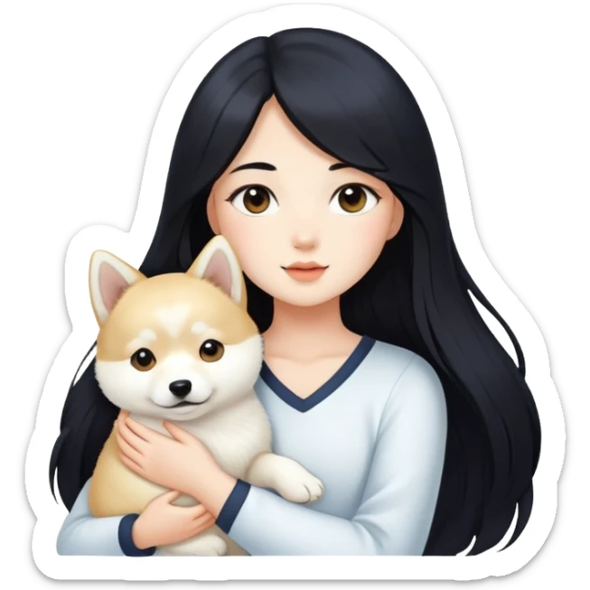 A beautiful girl with long black hair is holding a long-haired white Shiba Inu puppy sticker