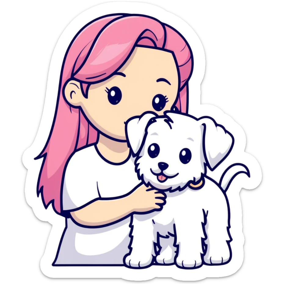 Girl with long flowing pink hair holding a white schnauzer dog sticker