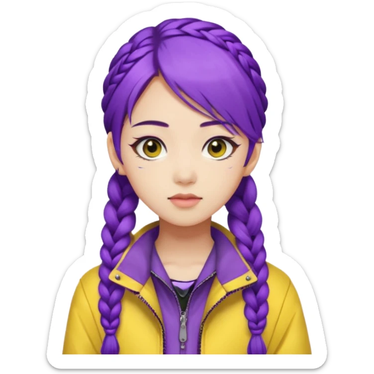 kpop hunters Rumi purple hair one large braid, asian, yellow jacket and wearing eyeliner sticker