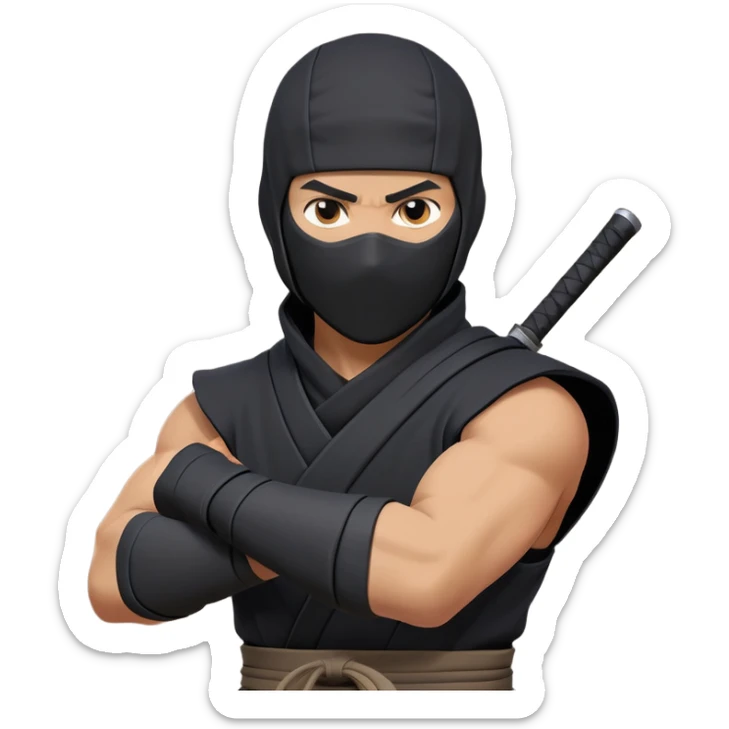 clash-of-clans-aesthetic_-cinematic-mysterious-male-ninja-portrait-emoji, rendered in a flat, vector-style with minimal shading and bold, simplified shapes, his arm is stretched out  with a head slightly turned revealing intense, focused eyes. the ninja has his arm out and perched on top of his forearm is  a black crow sticker