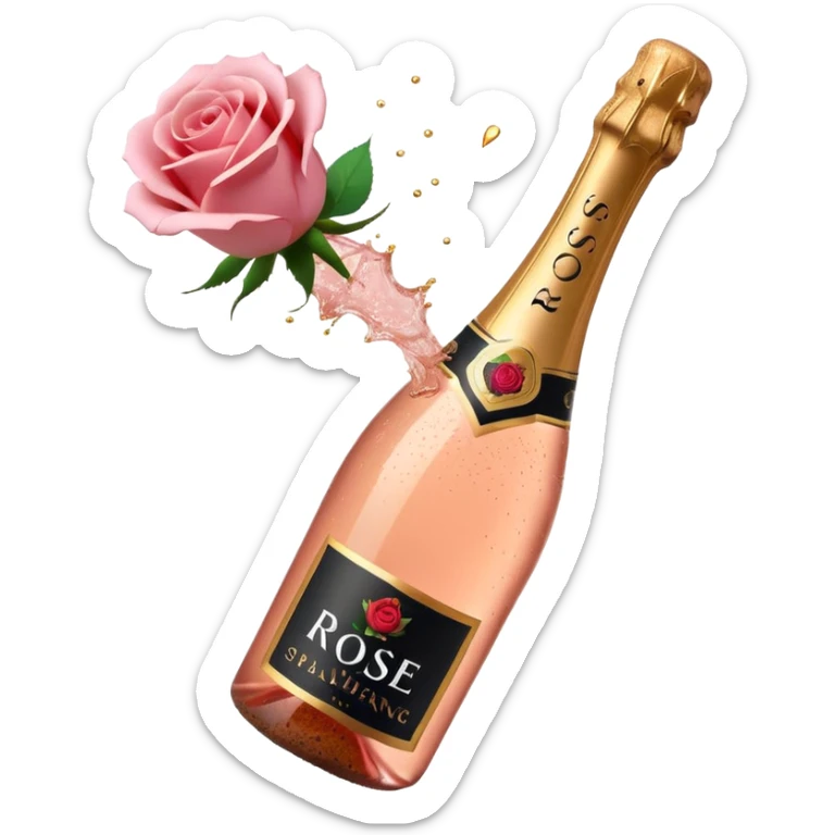 bottle of sparkling rosé champagne with a rose logo on the label, with the cork exploding out from the top, tilted up and to the left, no glass sticker