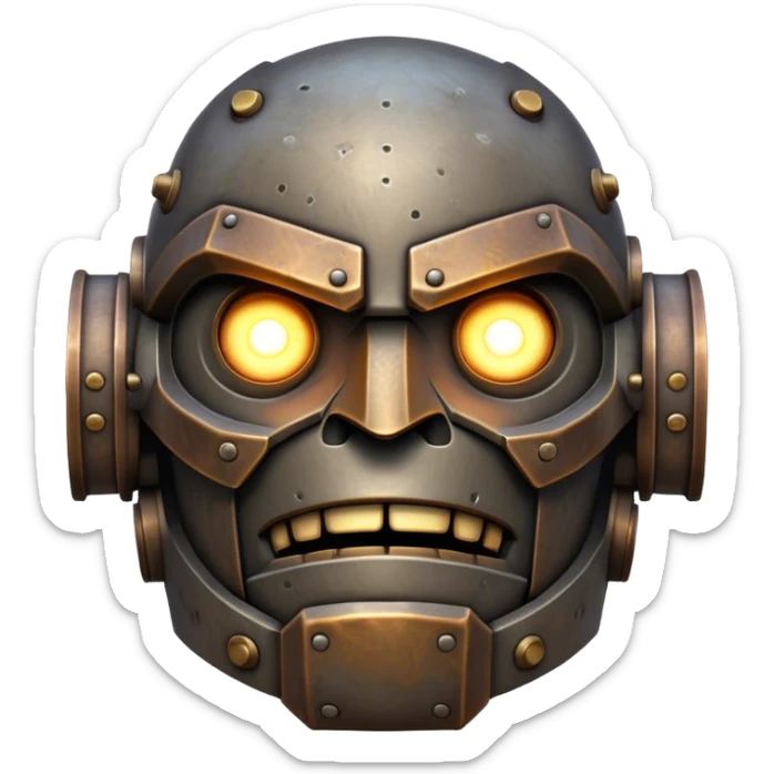 Cinematic Noble Mighty Iron Golem Portrait Emoji Poised and imposing, with a towering, metallic form forged from intricately detailed plates of burnished steel and ancient bronze, etched with faint traces of runes and weathered marks of time. Its piercing, glowing eyes radiate unwavering resolve, casting a solemn and commanding presence; rendered with lifelike texture and natural metallic highlights, high shine, elegant yet indomitable, styled with an aura of legendary endurance, focused and resolute, soft glowing outline, capturing the essence of an eternal guardian, standing vigilant and immovable as if ready to awaken at any moment with unstoppable might! sticker