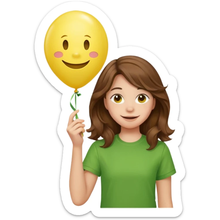 Teen girl wavy brown hair, green shirt, with smiley-face balloon sticker
