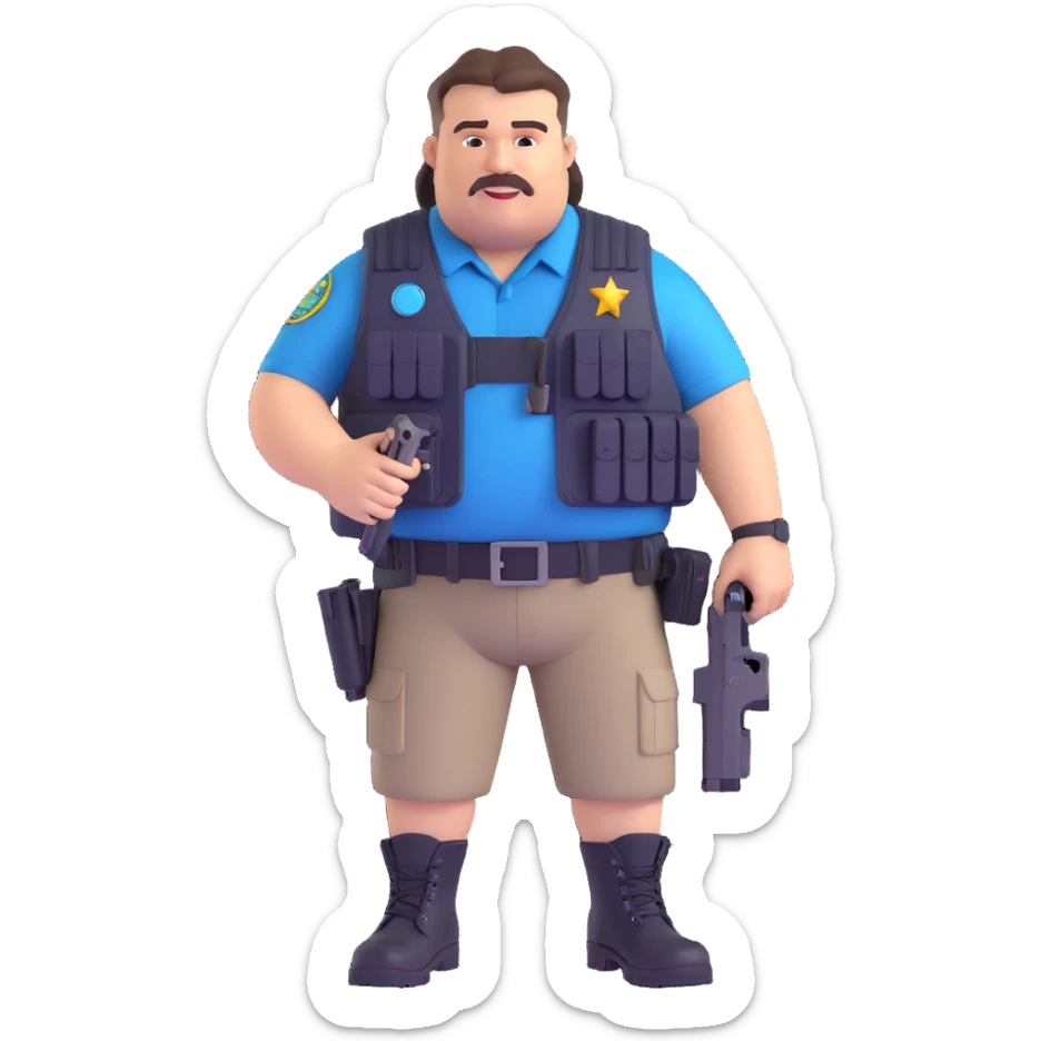 fat federal agent buck teeth tactical vest covered in gadgets redneck look mullet haircut sleeveless shirt boots 3D cartoon style sticker