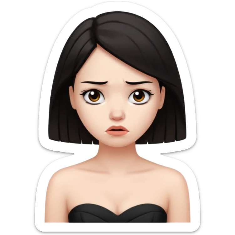 WOMAN WITH WHITE SKIN, DARK HAIR WEARING BLACK STRAPLESS DRESS LOOKING UPSET  sticker