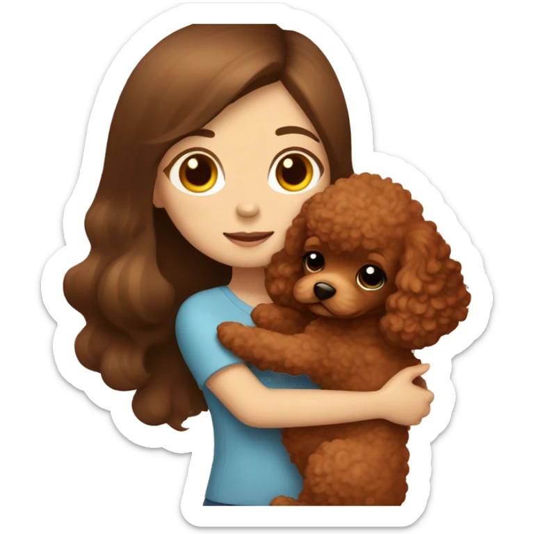 A girl with long brown hair hugging a cute red brown toy poodle puppy  sticker
