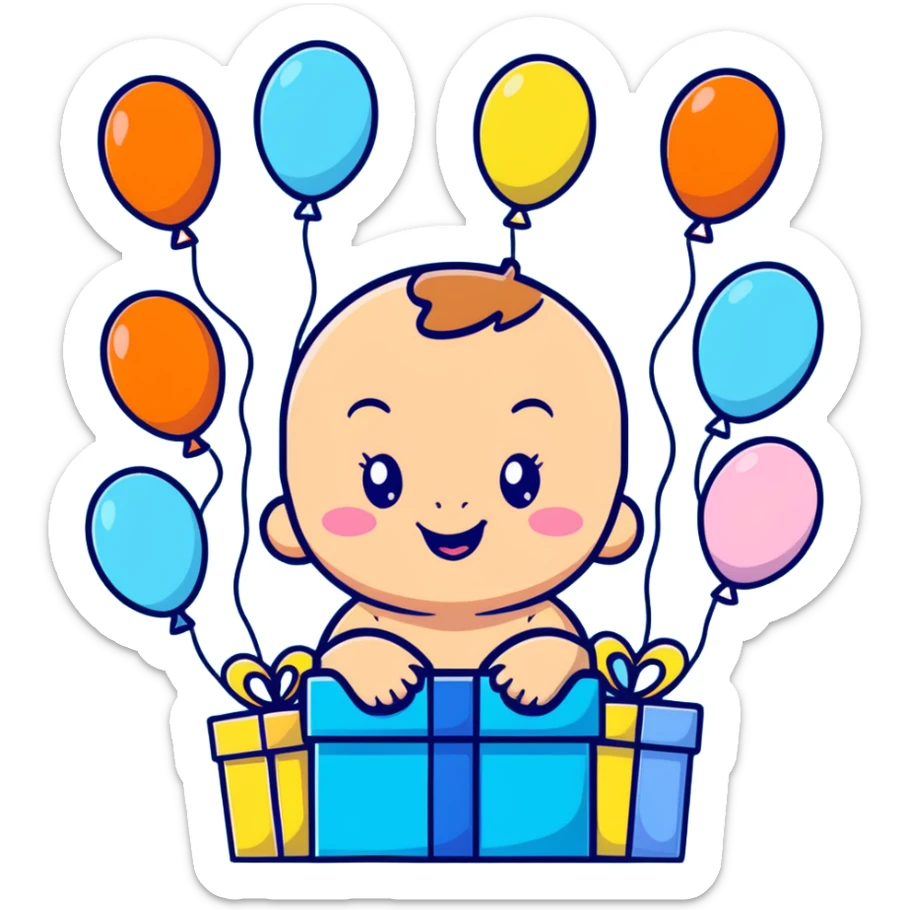 happy baby surrounded by pastel blue balloons and presents at birthday party sticker