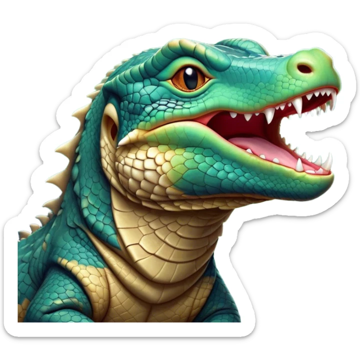 Cinematic Cute Yawning Komodo Dragon Lizard Portrait Emoji, Head slightly angled in a dramatic, wide-open yawn, showcasing rugged, textured scales and sleepy, half-closed eyes, Simplified yet irresistibly adorable features, highly detailed, glowing with a soft, cozy glow, high shine, relaxed yet expressive, stylized with a hint of whimsical wildness, soft glowing outline, capturing the essence of a drowsy yet endearing reptile that appears ready to stretch out for a nap! sticker