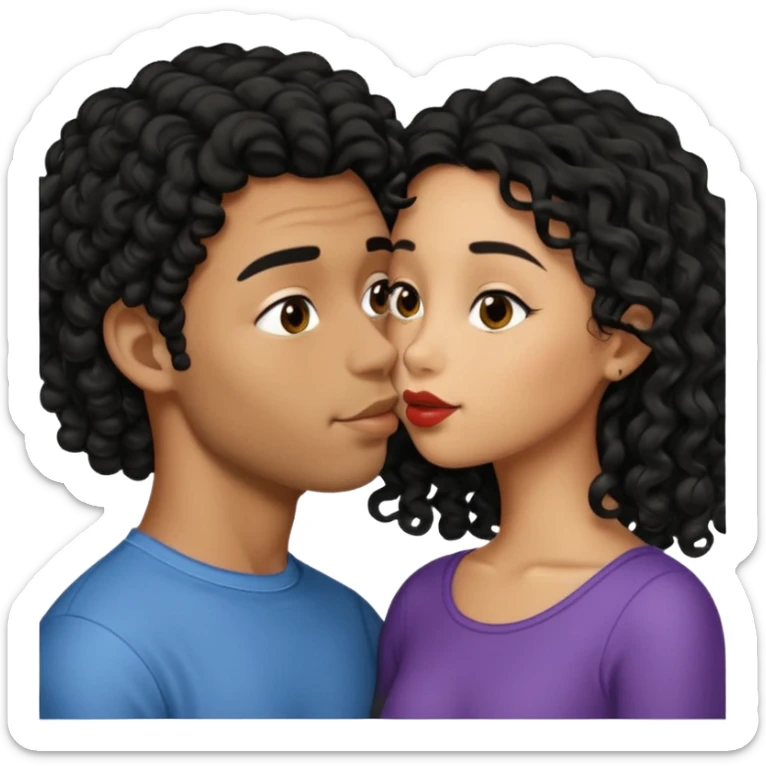 À string man with short straight black hair kissing a shorter girl with long black curly hair sticker