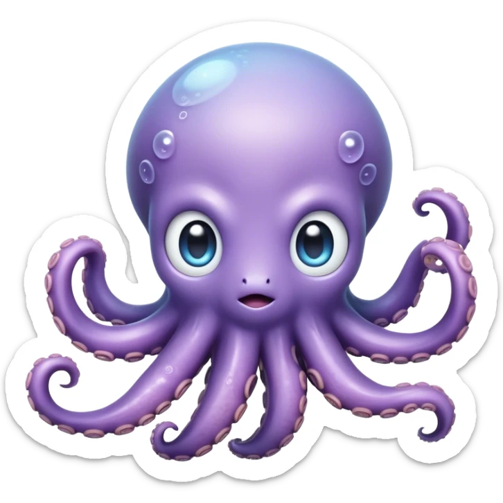 Meme-Worthy Floating Baby Octopus Portrait Emoji, Drifting gracefully in the water with soft, curled tentacles and a dreamy, weightless posture, showcasing a smooth, rounded light blue-purple body with mesmerizingly large, gentle eyes gazing into the abyss, Simplified yet poetically expressive features, highly detailed, glowing with a soft, celestial marine glow, high shine, quiet and mystical, stylized with an air of deep-sea serenity, soft glowing outline, capturing the essence of a tiny, peaceful cephalopod floating endlessly in the infinite beauty of the ocean depths! sticker