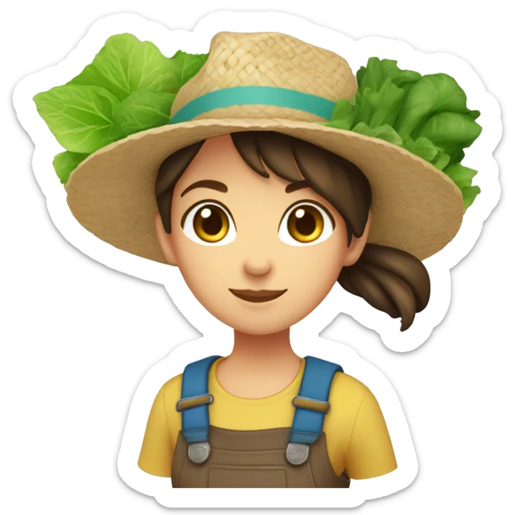 farmer girl, light blue eyes, dark brown hair, with a straw hat, ponytail, holding greens in hand sticker