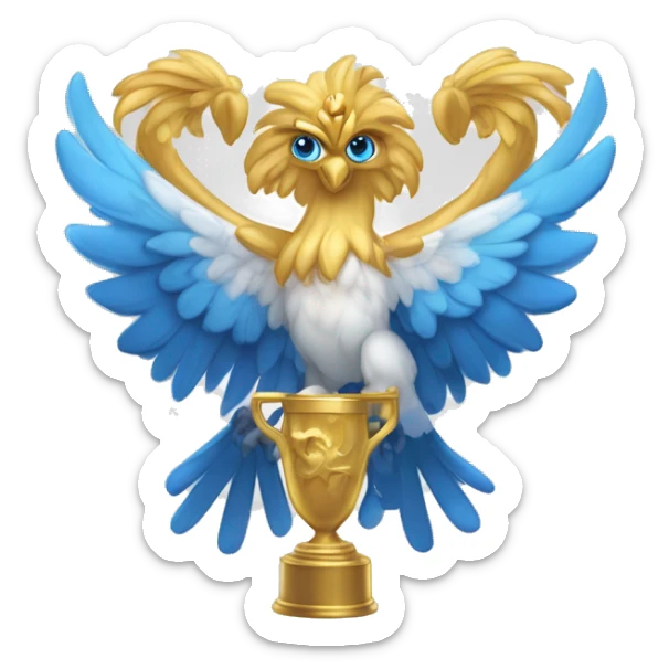 Un griffon blanc de la mythologie avec un bec bleu et des cheveux bleus et des yeux dorés qui porte un trophée  sticker