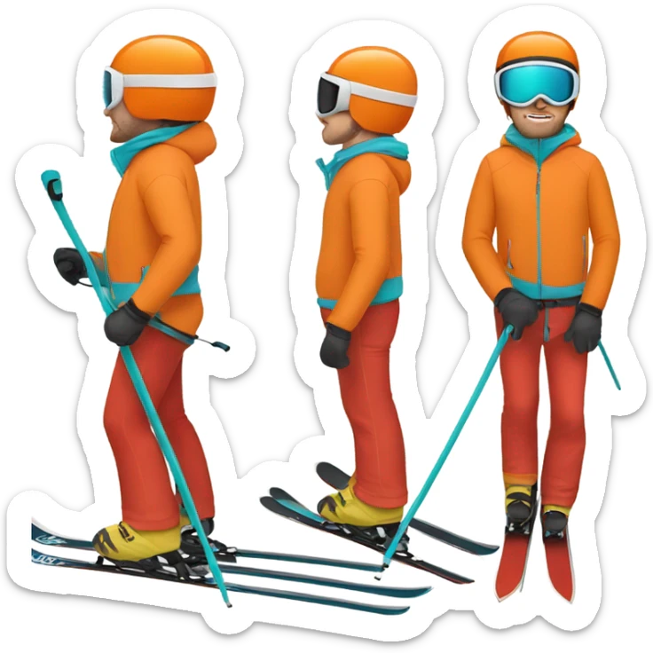 white man skiing wearing an ORANGE JACKET and wearing a RED HELMET and wearing TURQUOISE PANTS sticker