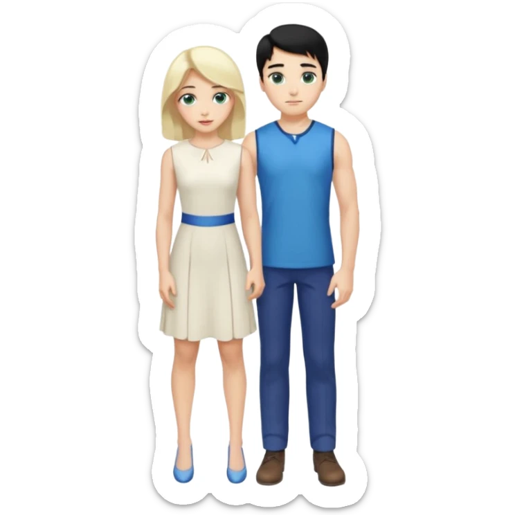 prince, standing upright, black Hair, blue eyes, garment,  woman, bending knee, white sleveless dress, blonde hair, green eyes, sticker