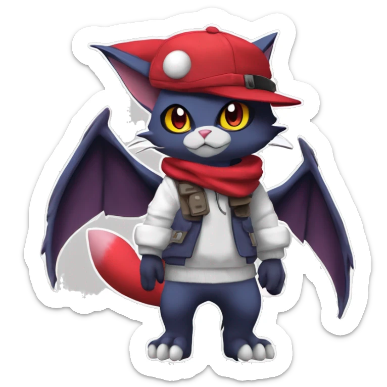Cool Anthro Noibat-Zangoose-Quilava-Litten-Sphynx-Feline-Pokémon with red scarf collar punk techwear cool fiddler-hat Full Body sticker